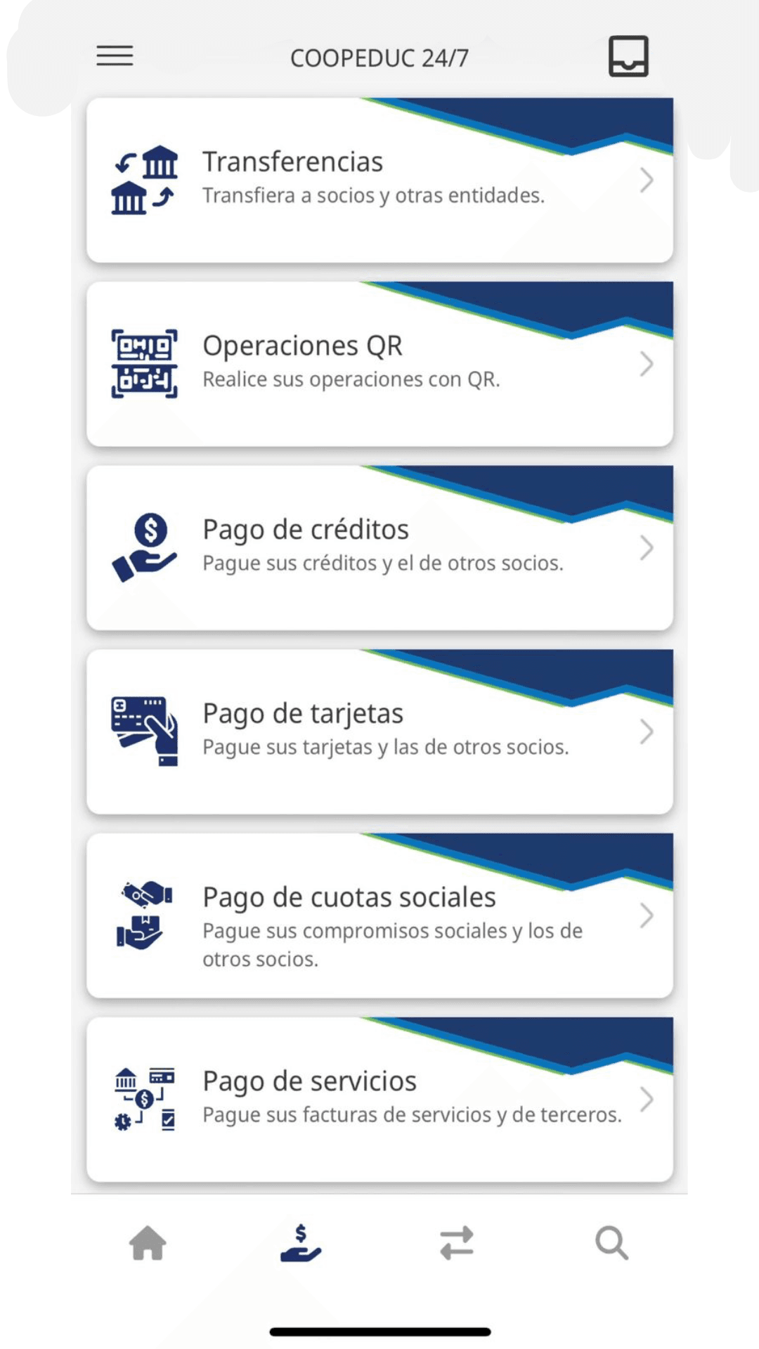 Menú de operaciones de COOPEDUC 24/7