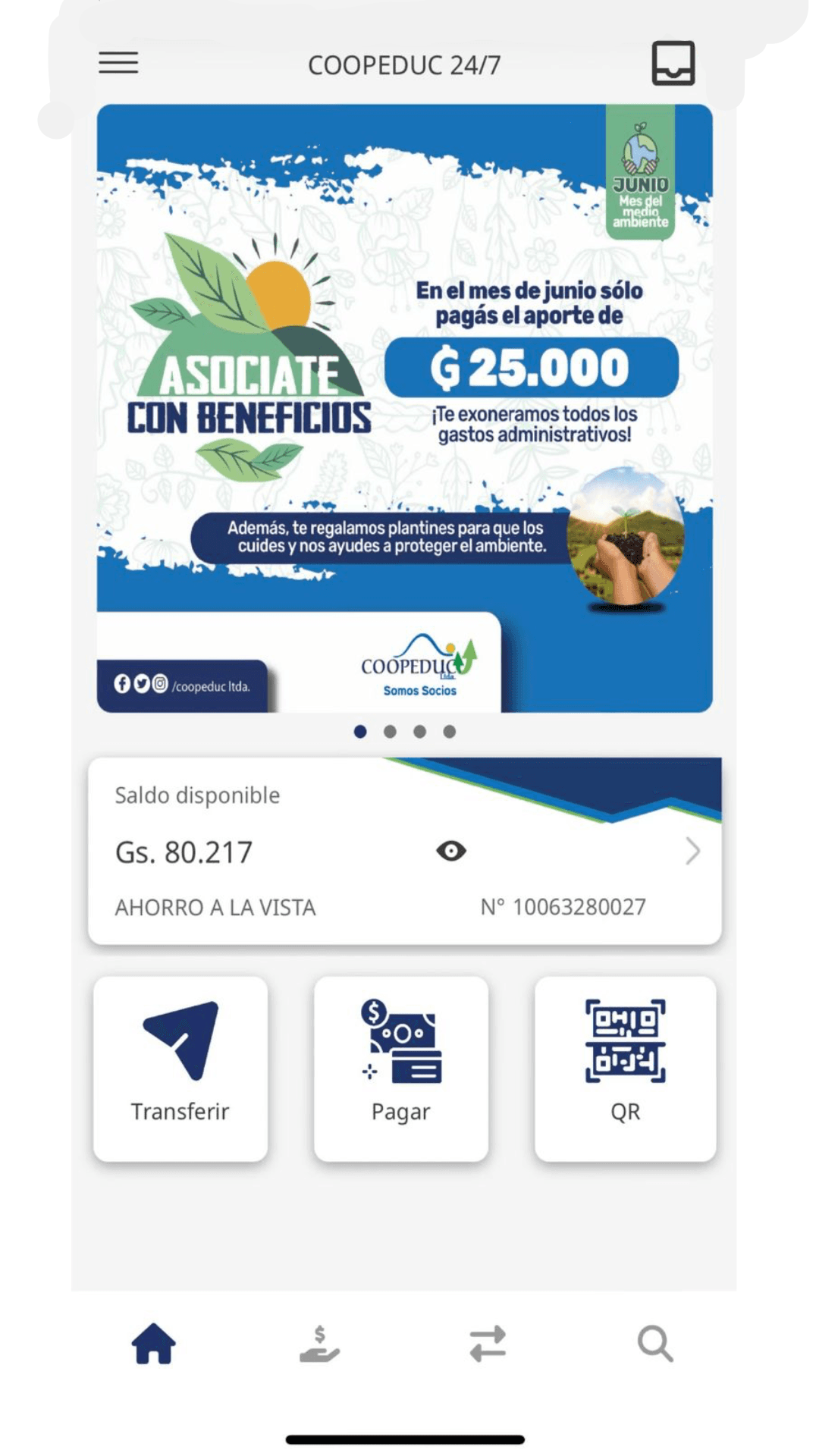 Tablero principal con saldo y accesos rápidos