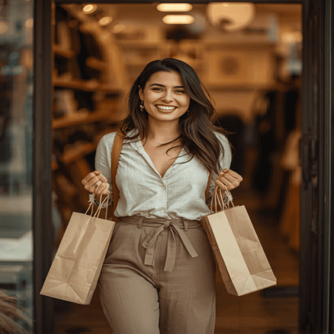 Mujer paraguaya saliendo de un comercio con bolsas de compras