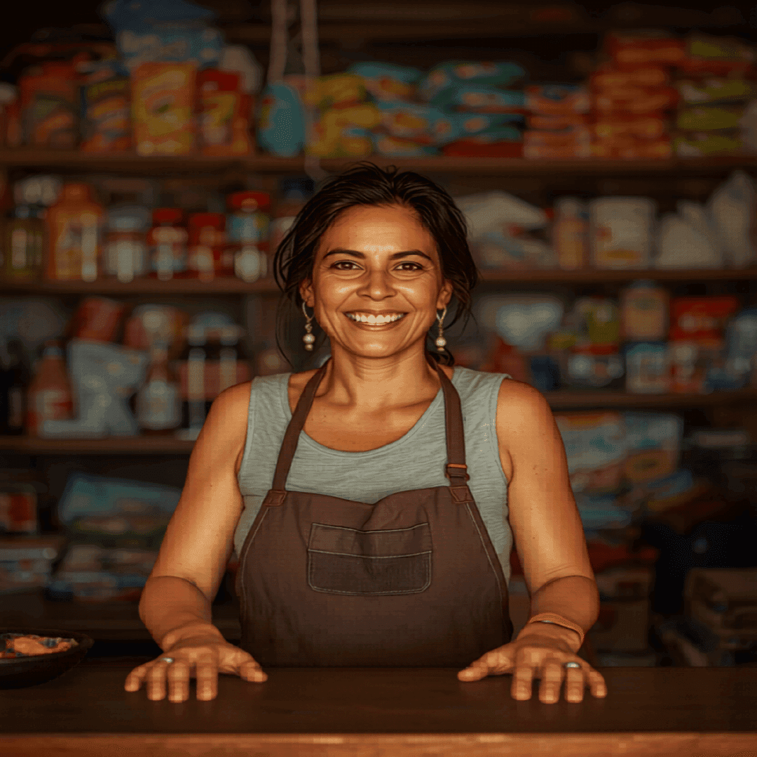 Comerciante paraguaya orgullosa detrás del mostrador de su almacén de barrio