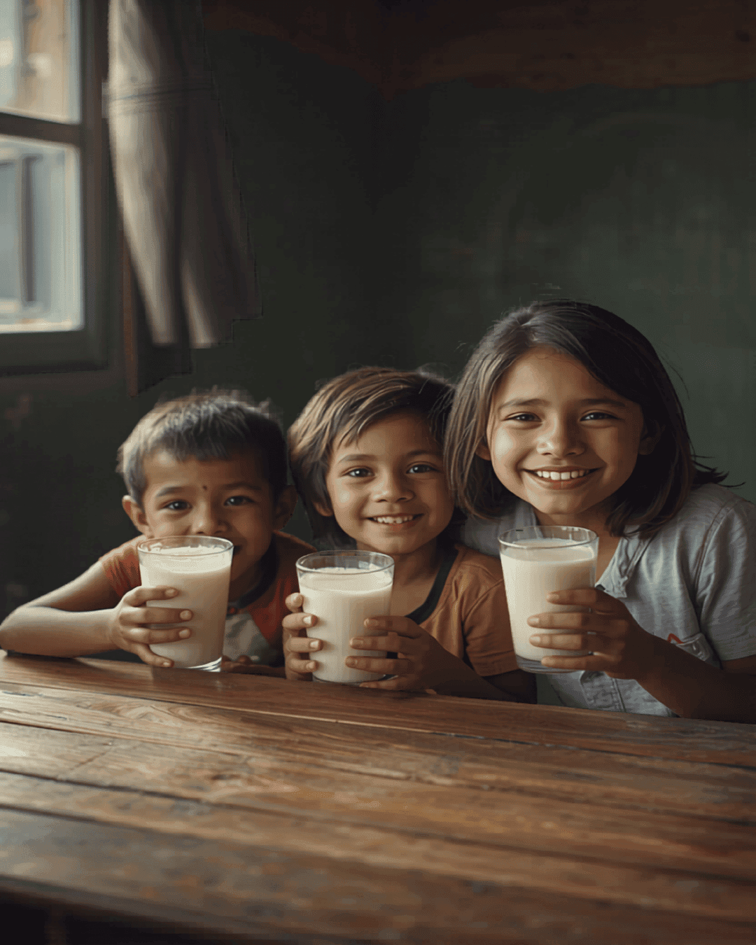 Niños paraguayos sonriendo con vasos de leche de soja en un centro comunitario rural