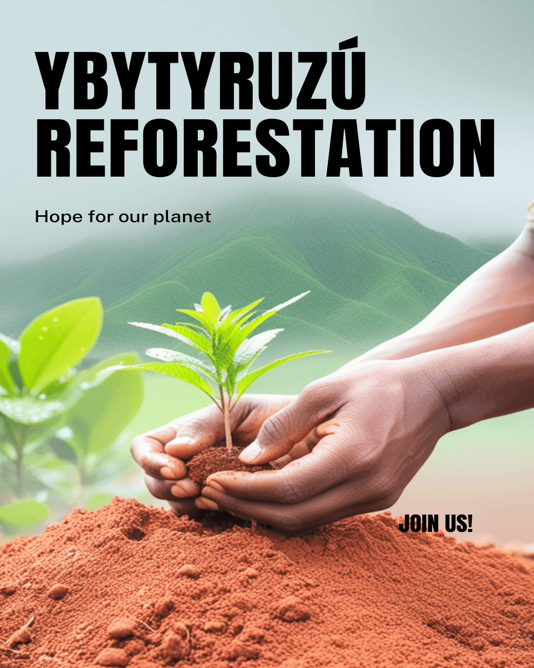 Manos plantando un árbol nativo en el Ybytyruzú, suelo rojo paraguayo y bosque verde de fondo