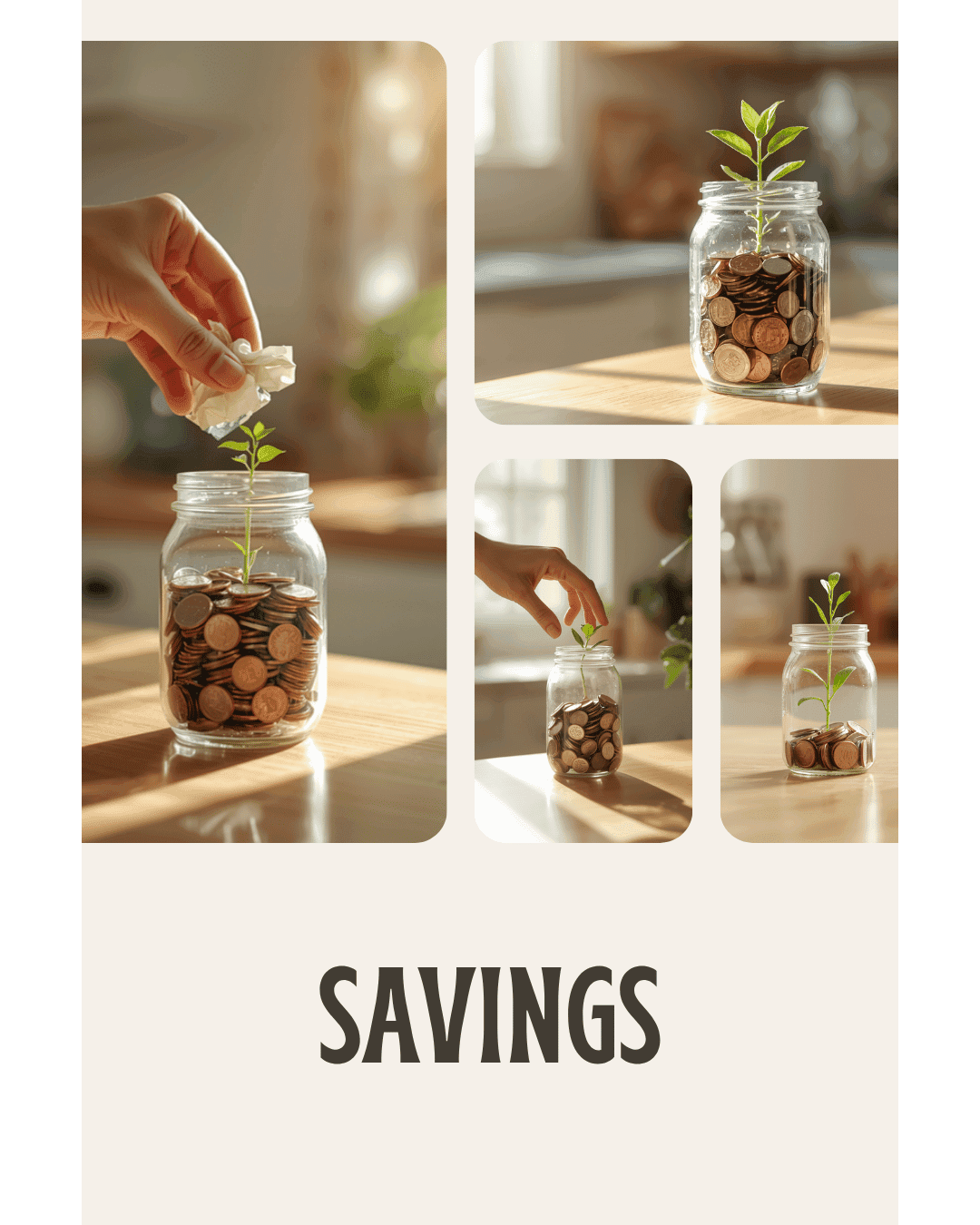 Mano colocando billete en un frasco de ahorros con planta germinando