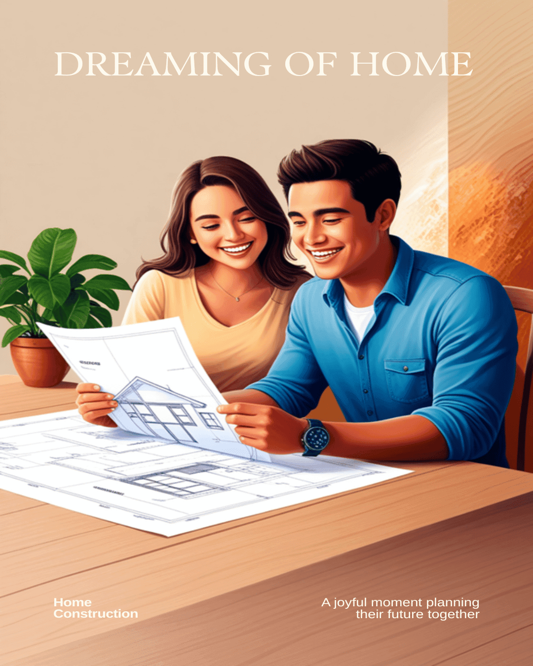 Pareja paraguaya joven revisando planos de construcción de su casa